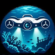 Logo of Curaçao Underwater Drone Tours: an underwater drone with light beams over coral and a shipwreck